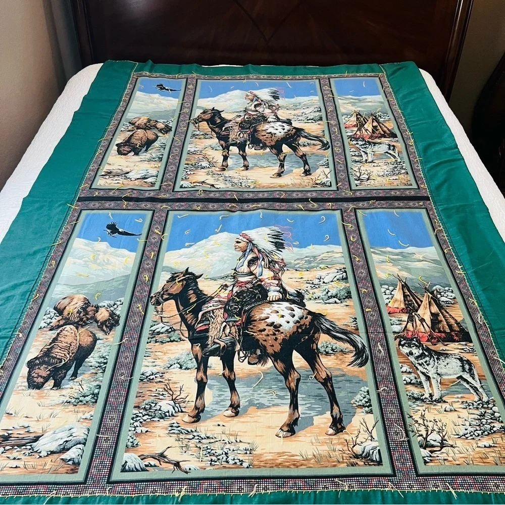 76”x52” Vintage Indian On Horse Eagles and wolfs Quilt.